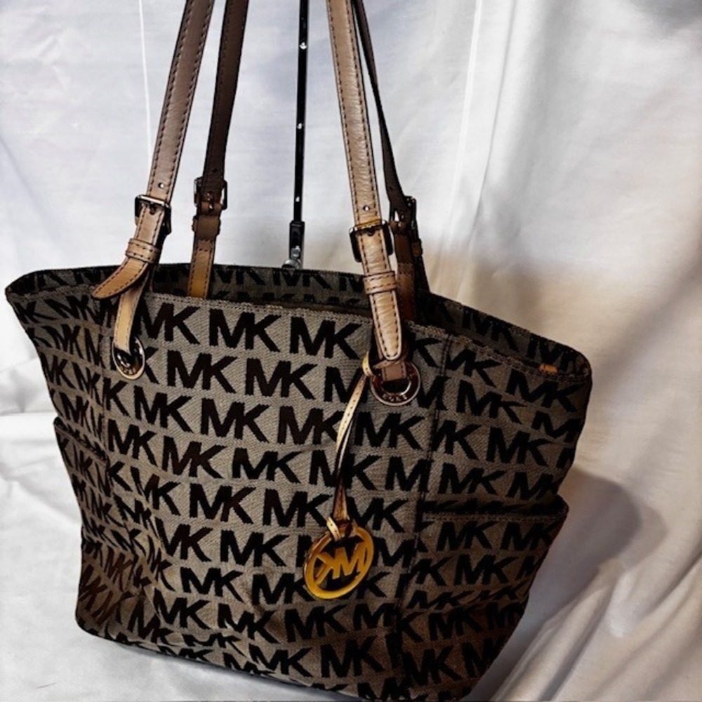 Michael Kors MK Logo Canvas Tote Bag Brown Tan Large Shoulder Bag - Picture 4 of 13
